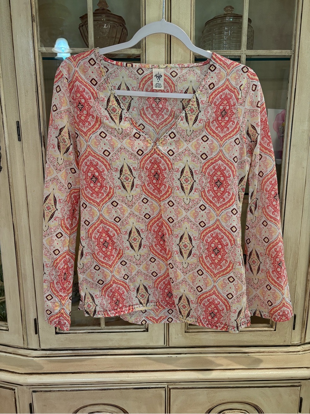 Prana Coral Pink and Cream Patterned Long-Sleeve Keyhole Tunic